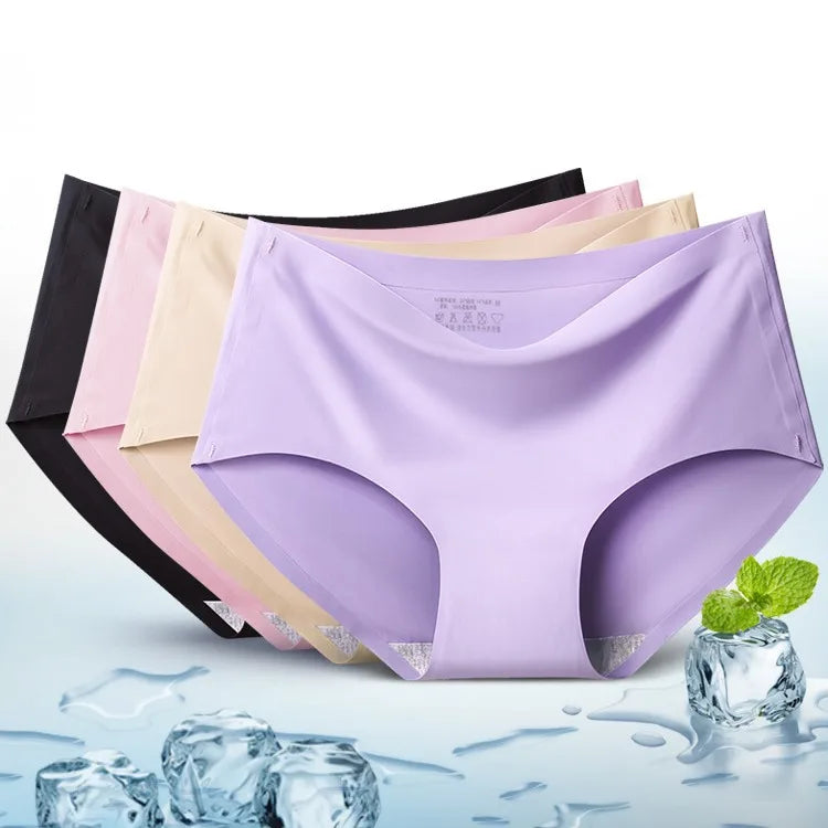 Women's 3Pcs Seamless Ice Silk Underwear Invisible Comfort Briefs Mid-waist Panties Breathable Lingerie