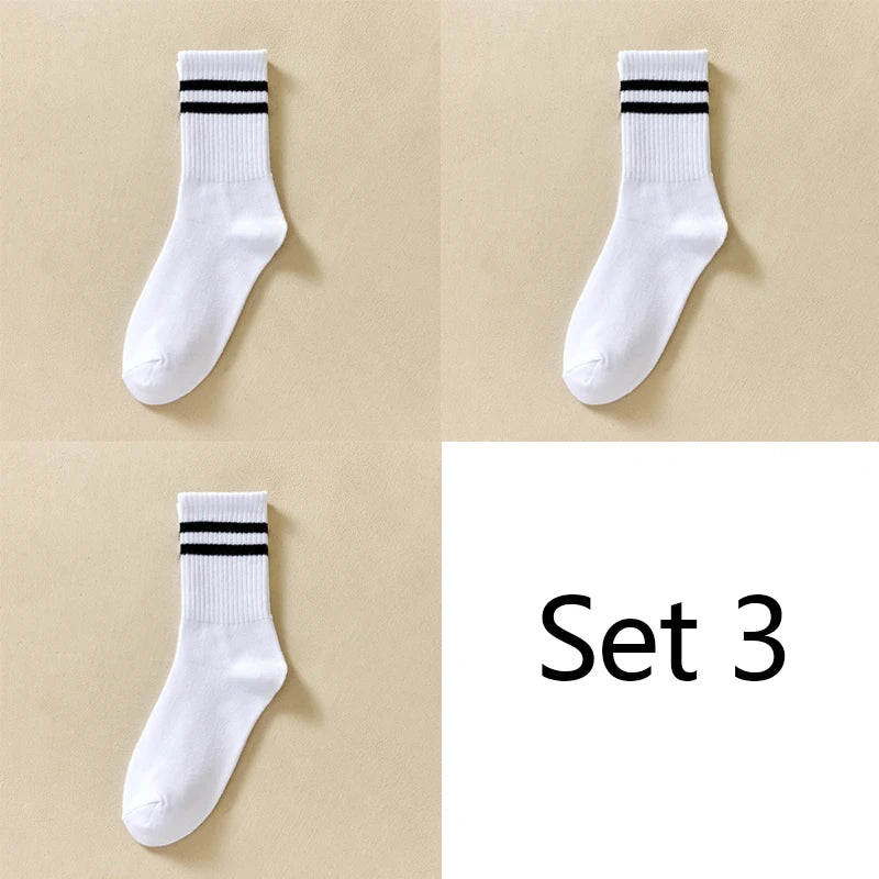 3 Striped Cotton Socks - Unisex Streetwear Casual Knitted Socks
