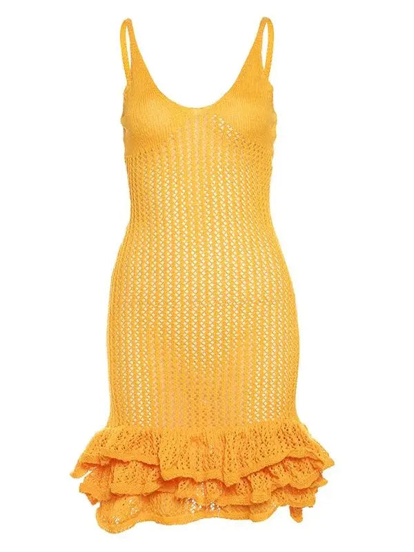 Women's Crochet Knit Mini Dress - Sleeveless Ruffle Hem Cover Up