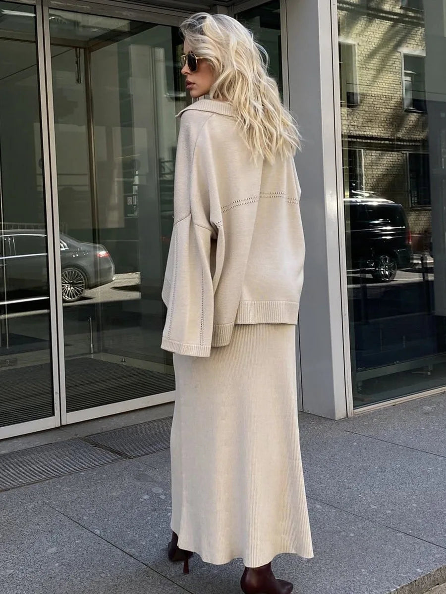 Women's Loose Sweater V-Neck Knit Pullover Top and Long High Waist Skirt 2 Piece Set