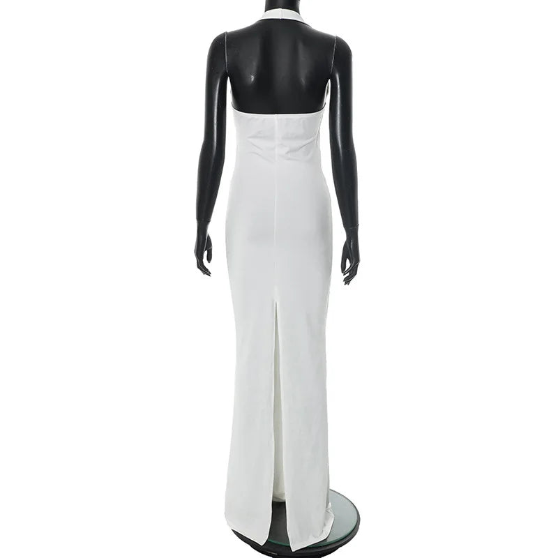 Women's Halter Ruched Maxi Dress - Backless Deep V-Neck Summer Dress