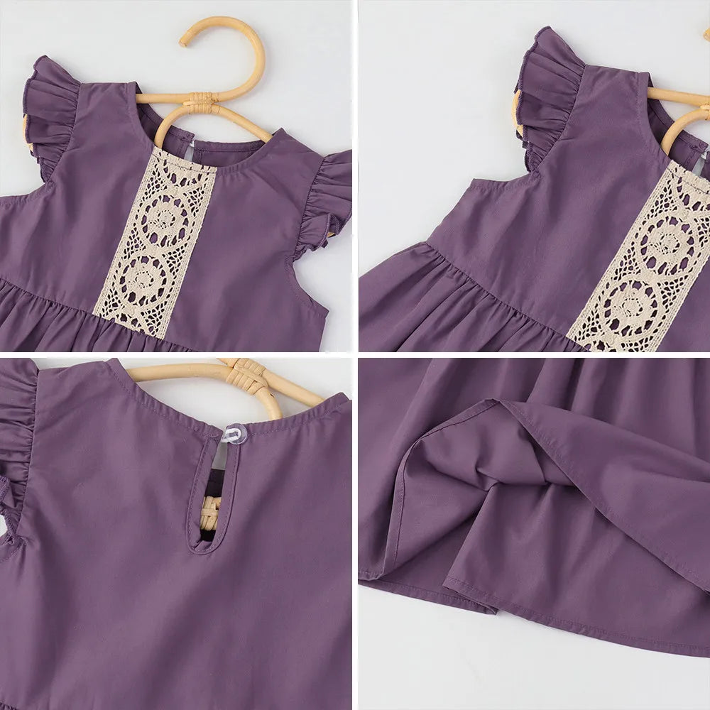 Girls Purple Lace Dress - Flying Sleeve Summer Dress with Patchwork Detail