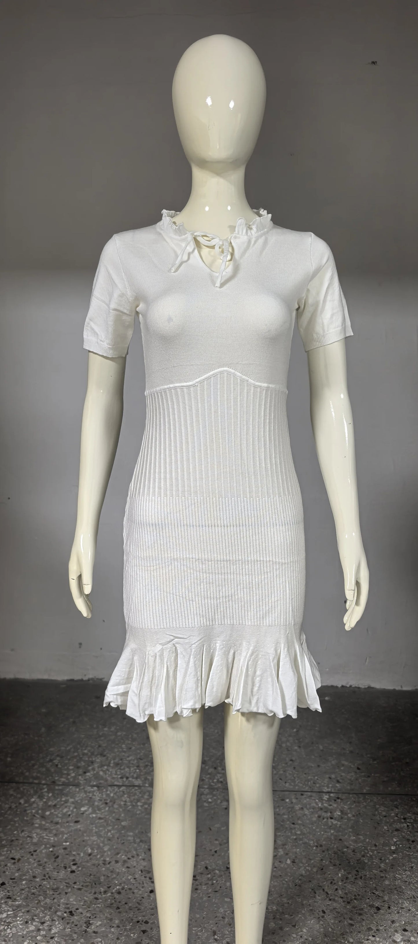 Women's Autumn Tie Front Ribbed Knit Mini Dress - Bodycon Party Dress