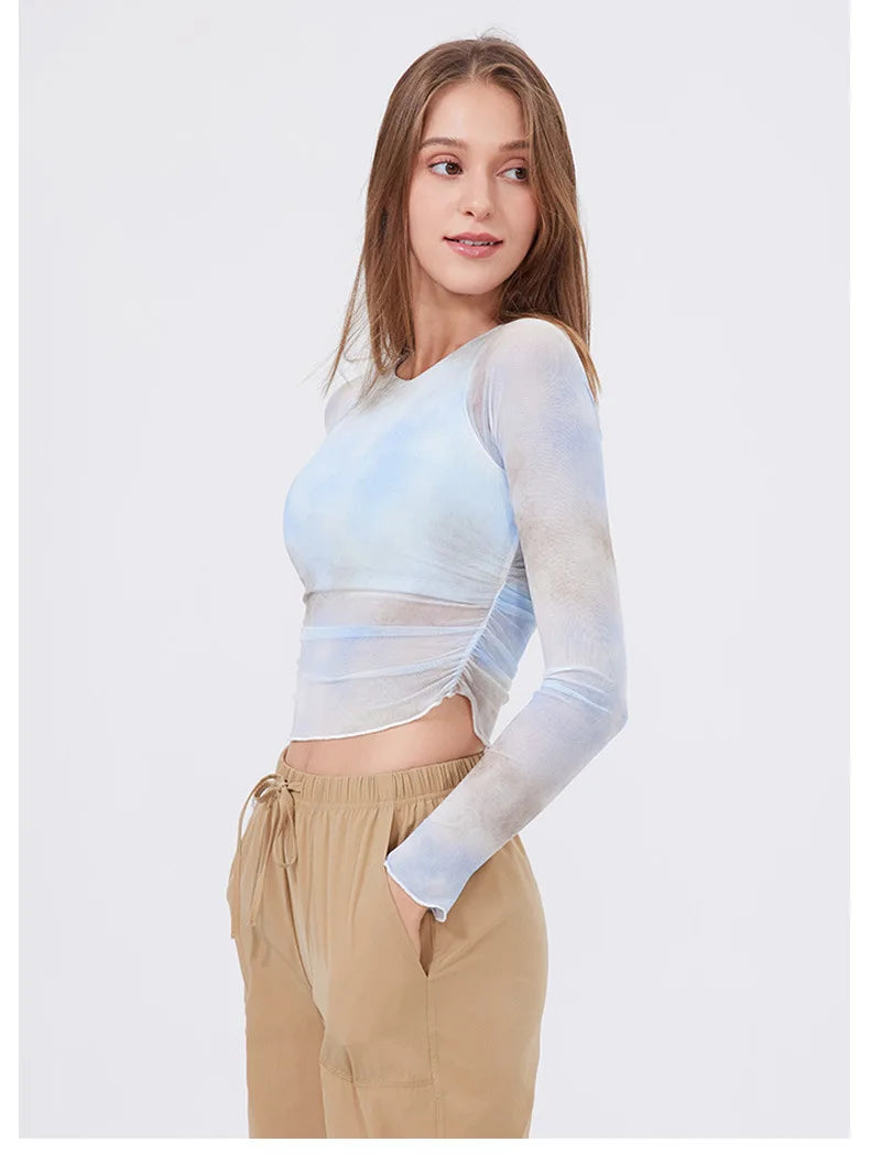 Women's Long Sleeve Yoga Shirt Women Tie-Dye 2 In 1 Gym Crop Top Slim Fit Breathable Running Top With Chest Pads Sportswear