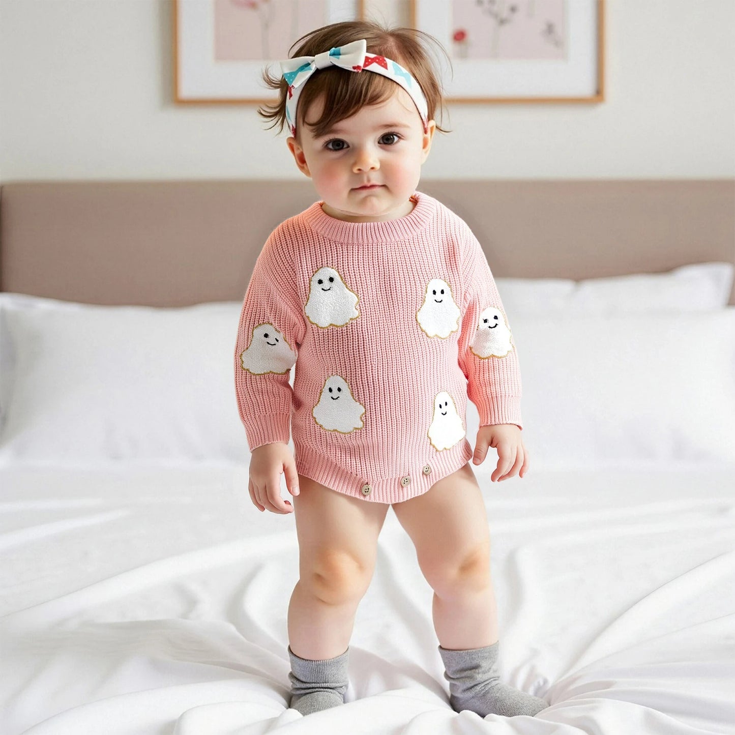 Baby Halloween Sweater Romper - Ghost Embroidery Crewneck Long Sleeve