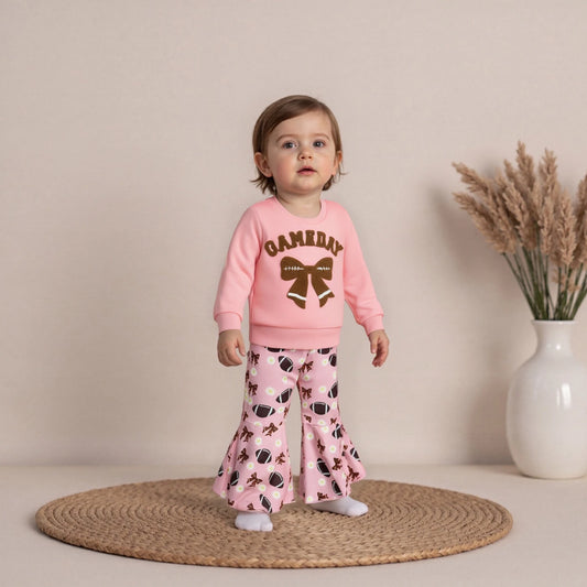 Girls Bow Embroidery Outfit Set - Long Sleeve Letter Pullover Sweatshirt & Football Flare Pants (0-4Y)