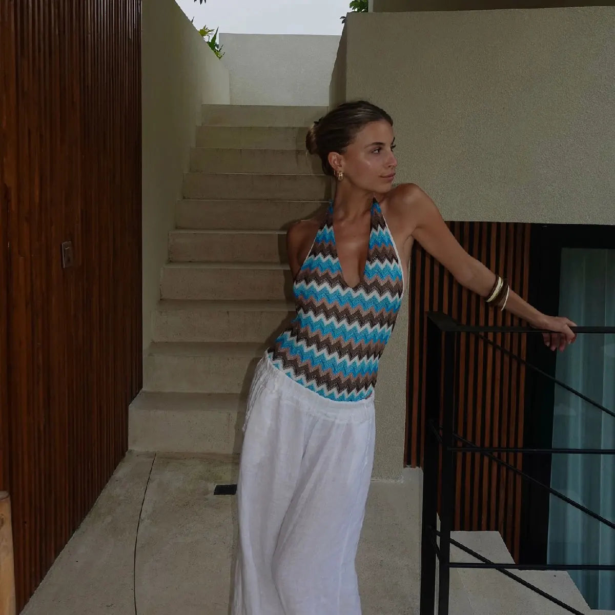 Print V-Neck Halter One-Piece Swimsuit