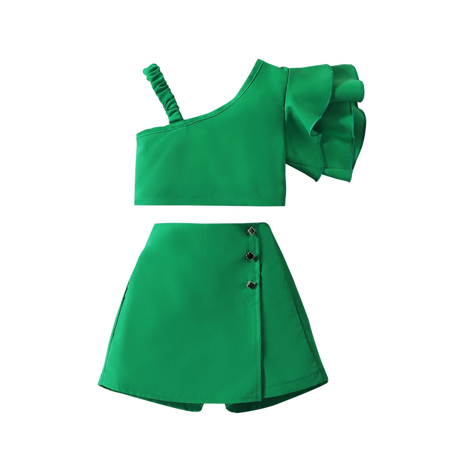 1-6Y Kids Girls Clothes Set Ruffles One Shoulder Sleeveless Vest with Solid Shorts Summer Outfit