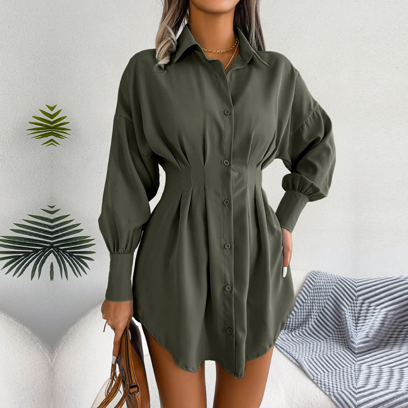 Women's Autumn Winter Casual Lantern Sleeve High Waist Asymmetric Dress Shirt Dress