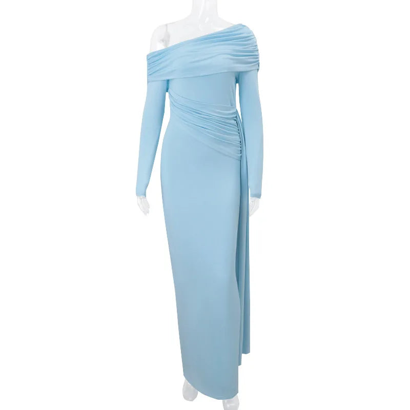 Women's Elegant Asymmetrical Ruched Maxi Dress - Long Sleeve Bodycon Gown