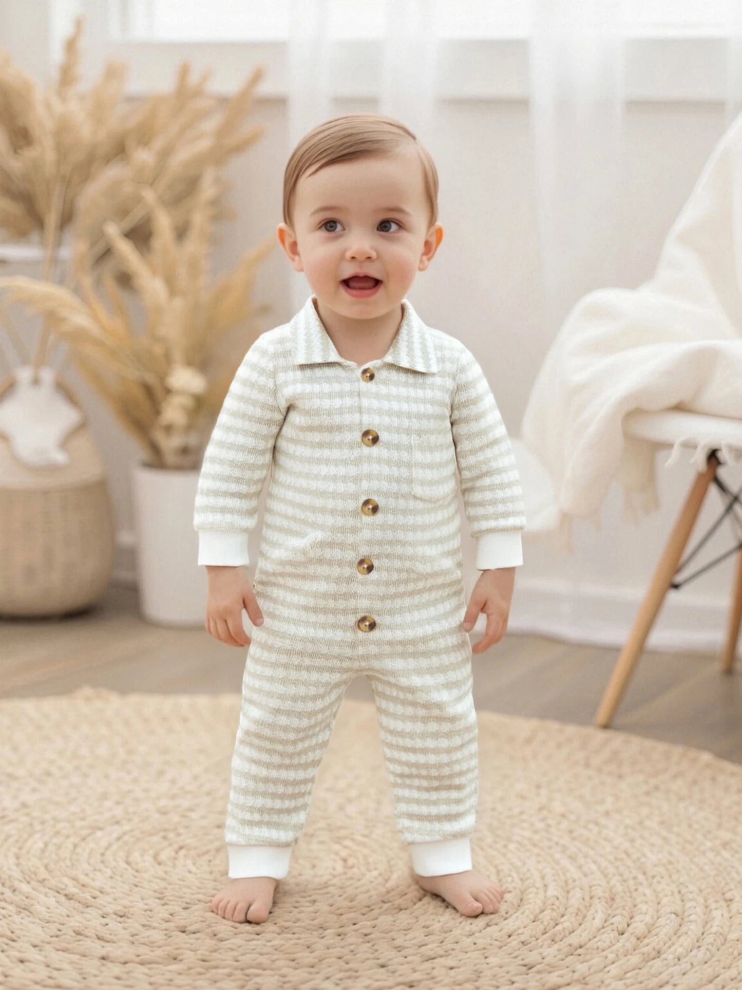 Newborn Baby Fall Winter Jumpsuit Set - Striped Turn-Down Collar Romper & Pants (0-18M)