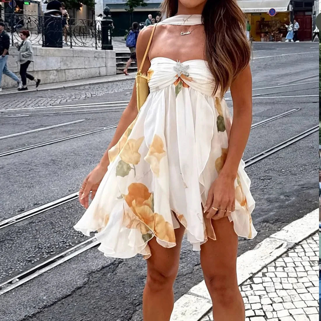 Women's Summer Halter Floral Mesh Mini Dress - Strapless Backless Holiday Dress