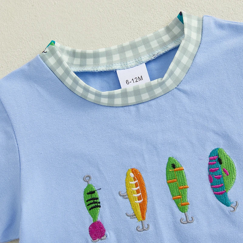 0-4Y Casual Kids Boys Summer Clothes Sets Short Sleeve Fish Embroidery T Shirt and Plaid Drawstring Shorts Set