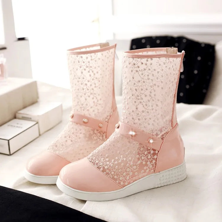 Women's Leather Splicing Mesh Pearl Metal Decoration Zipper Ankle Boots
