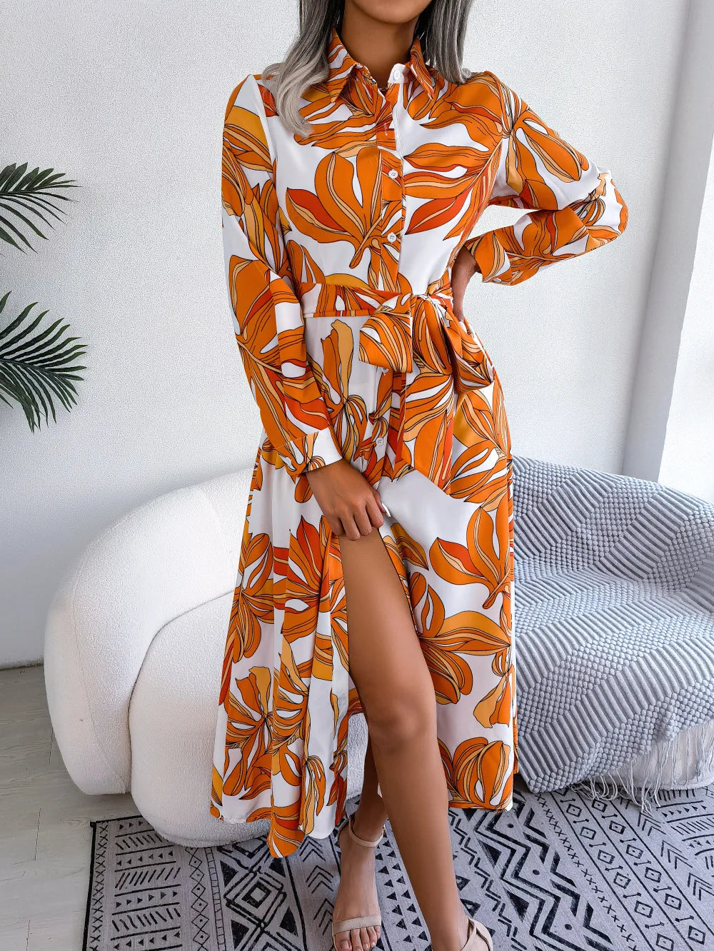Women's Spring Summer Contrast Floral Polo Collar Lace Up Shirt Single Breasted Long Dress