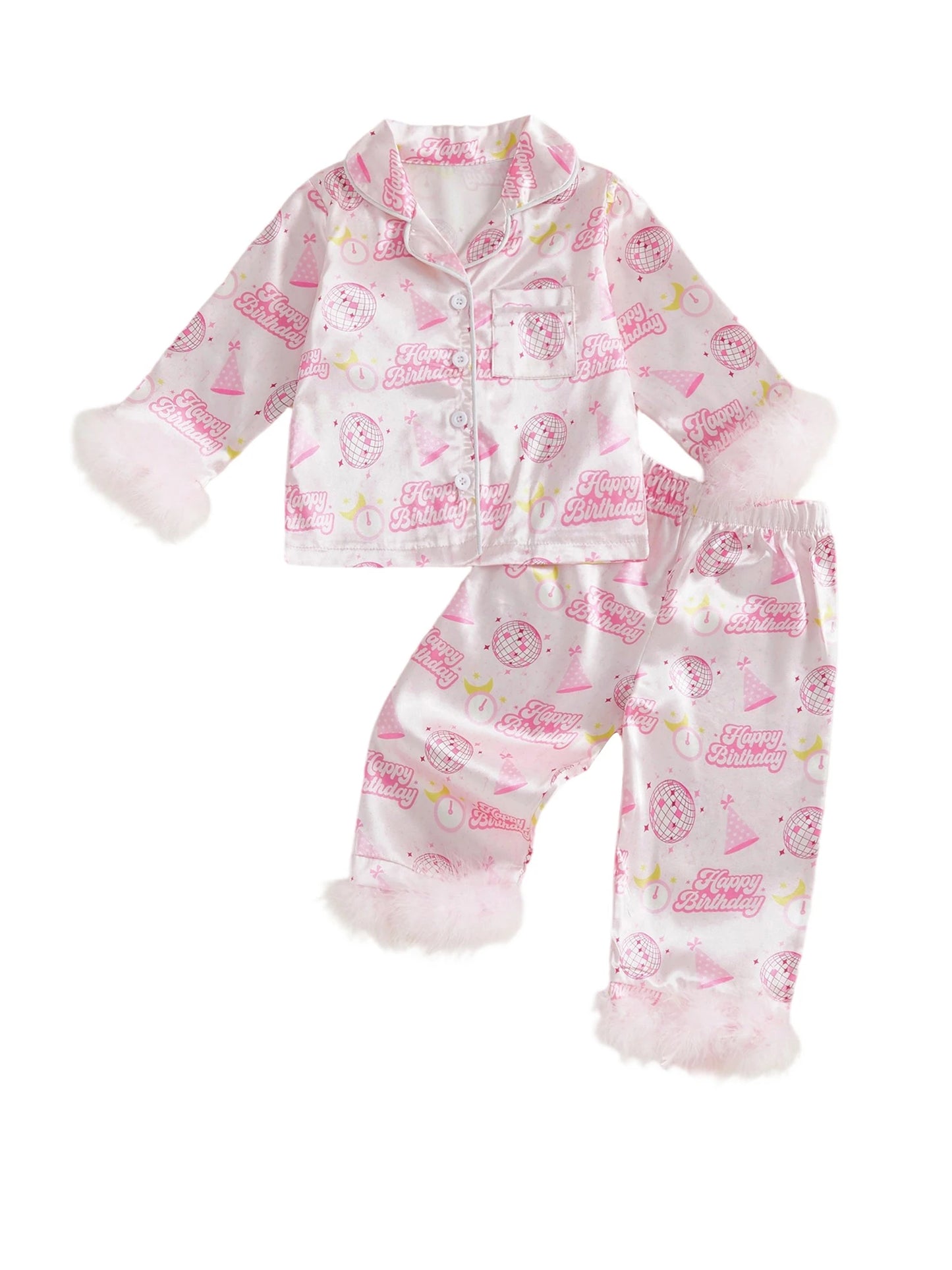 Kids Girls Pyjamas Set - Letter Ball Print Button Down Top & Pants (0-4Y)