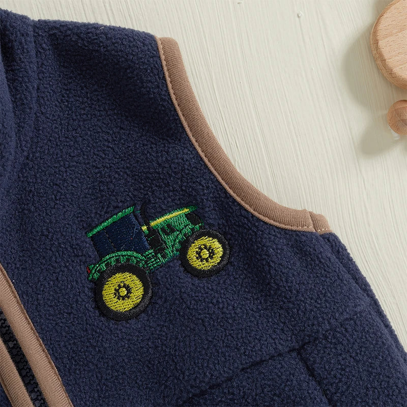 Toddler Boy's Autumn Vest - Sleeveless Zip-Up Tractor Embroidery Fleece Jacket