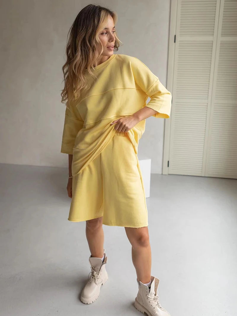 Women's 100% Cotton Shorts Set Half Sleeve Patchwork T Shirts & High Waist Shorts Two Pieces Set