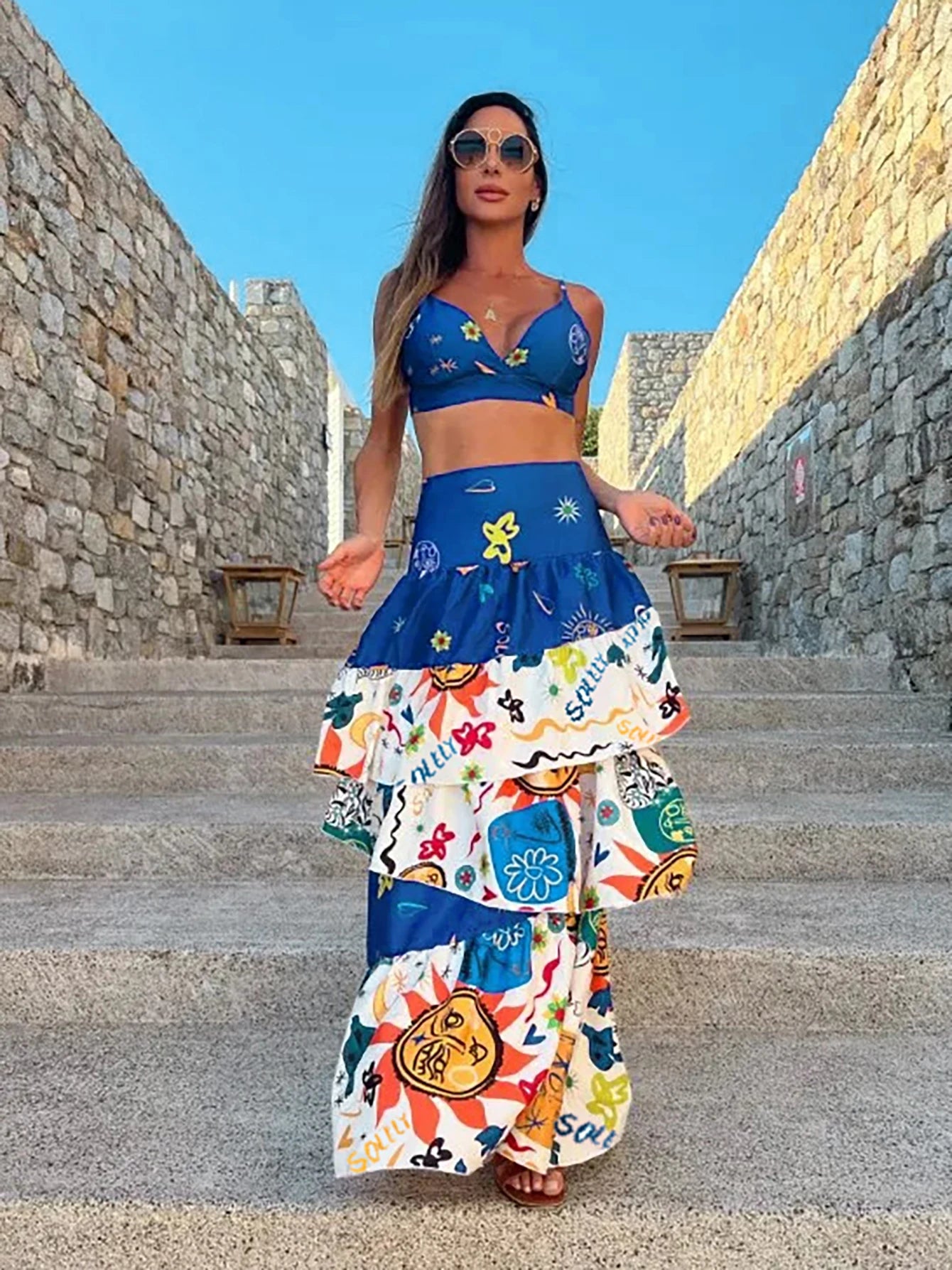 Women's Print Beach Two Piece Skirt White Bra High Waist A-line Long Skirt Beach Set