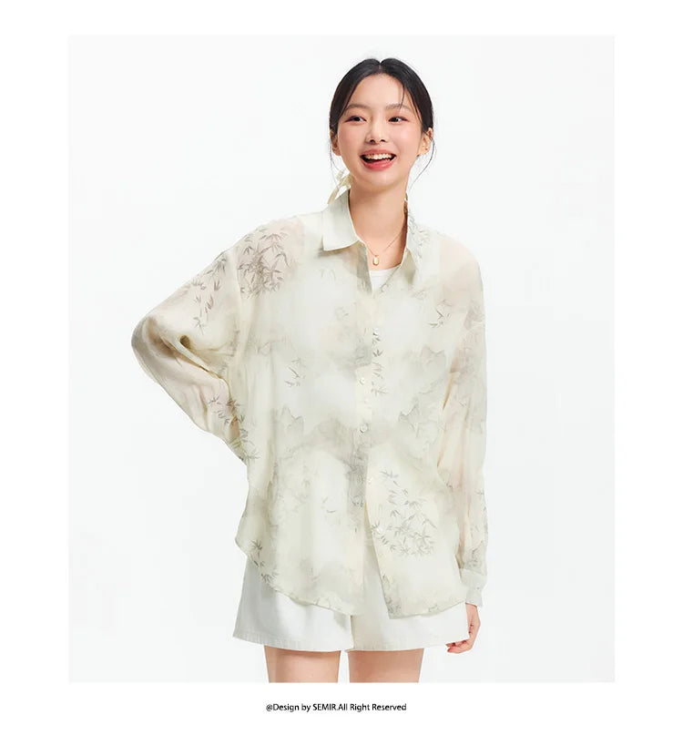 Women's Long Sleeve Oversized Shirt - Mid-Length Relaxed Fit with Artistic Ink Print