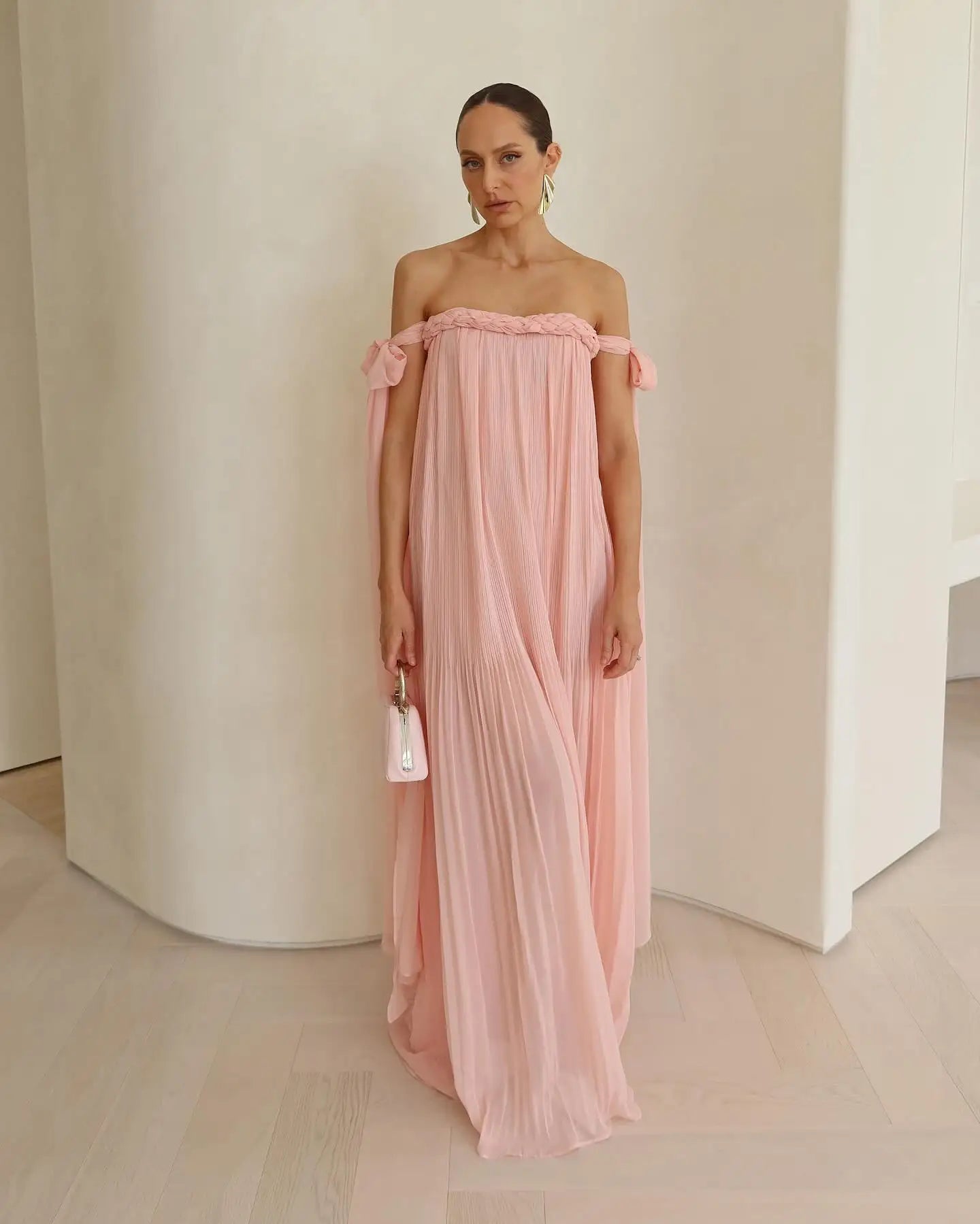 Off-Shoulder Braided Tie Maxi Dress - Pleated A-Line Summer Beach Dress