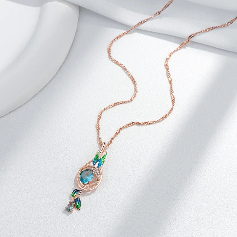 Colourful Enamel Peacock Pendant Necklace - Rose Gold Blue Zircon Jewellery