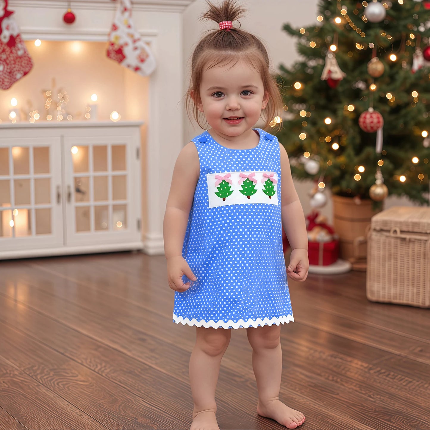 Girls' Christmas Tank Dress - Sleeveless Plaid Dress with Embroidered Tree Design