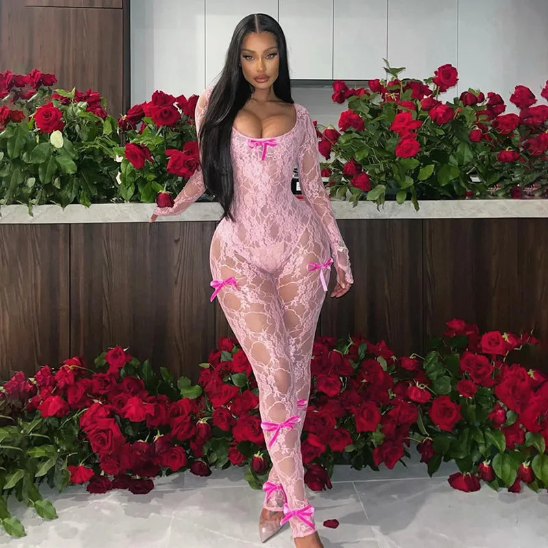 Women's See Through Mesh Jumpsuit Bow Splice Long Sleeve Bodycon One Piece