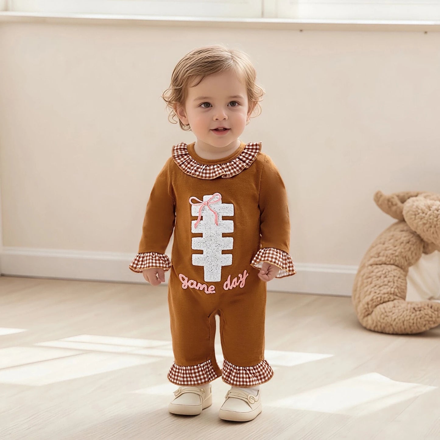 Baby Autumn Winter Romper - Plaid Print Football Embroidery Ruffled Jumpsuit (0-18M)