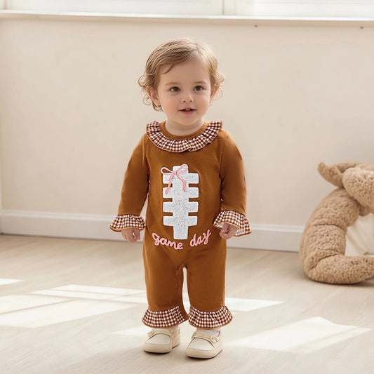 Baby Autumn Winter Romper - Plaid Print Football Embroidery Ruffled Jumpsuit (0-18M)