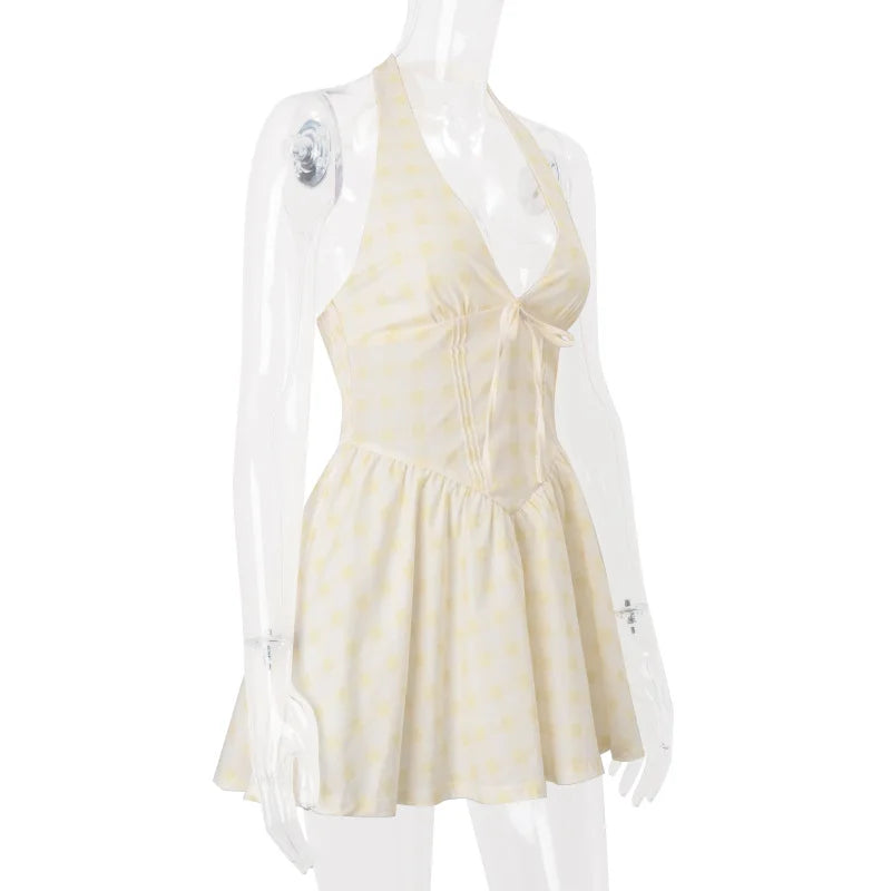 Elegant Plaid Mini Dress - Deep V-Neck Halter Summer Dress