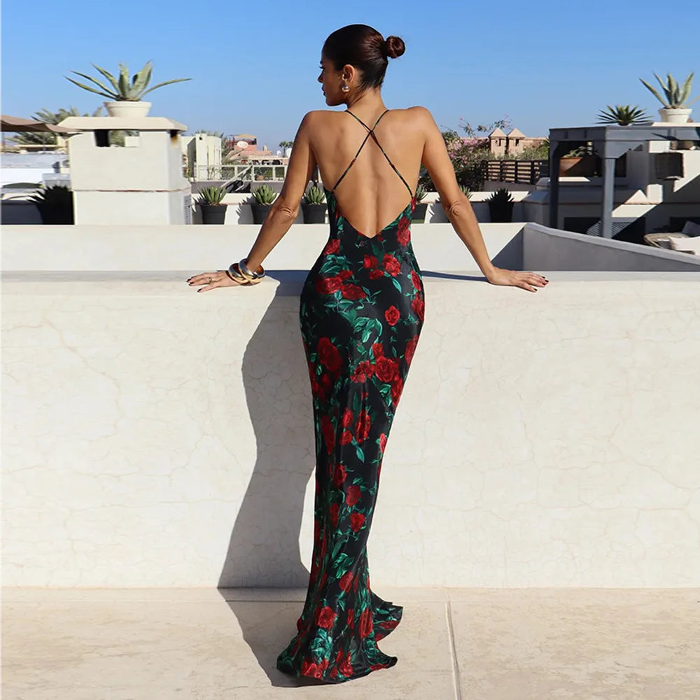 Women's Floral Print V Neck Scarf Draped Maxi Summer Backless Outfit Party Dress