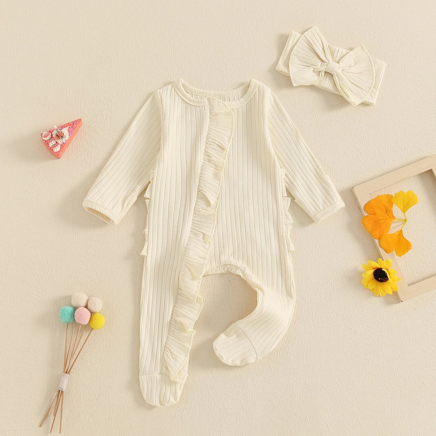 Newborn Baby Romper Set - Solid Ribbed Ruffle Trim Zipper Footed Jumpsuit & Bow Headband