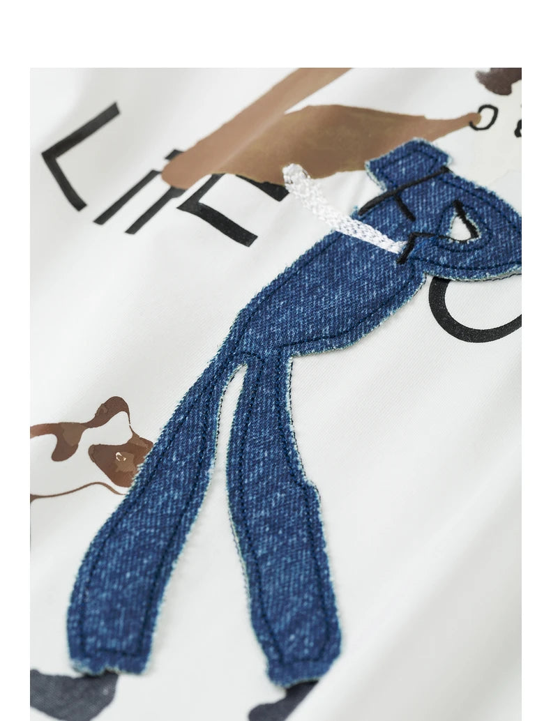 Women's Long Sleeve Lyocell Denim Patchwork Embroidery Cotton Pullover T-Shirt