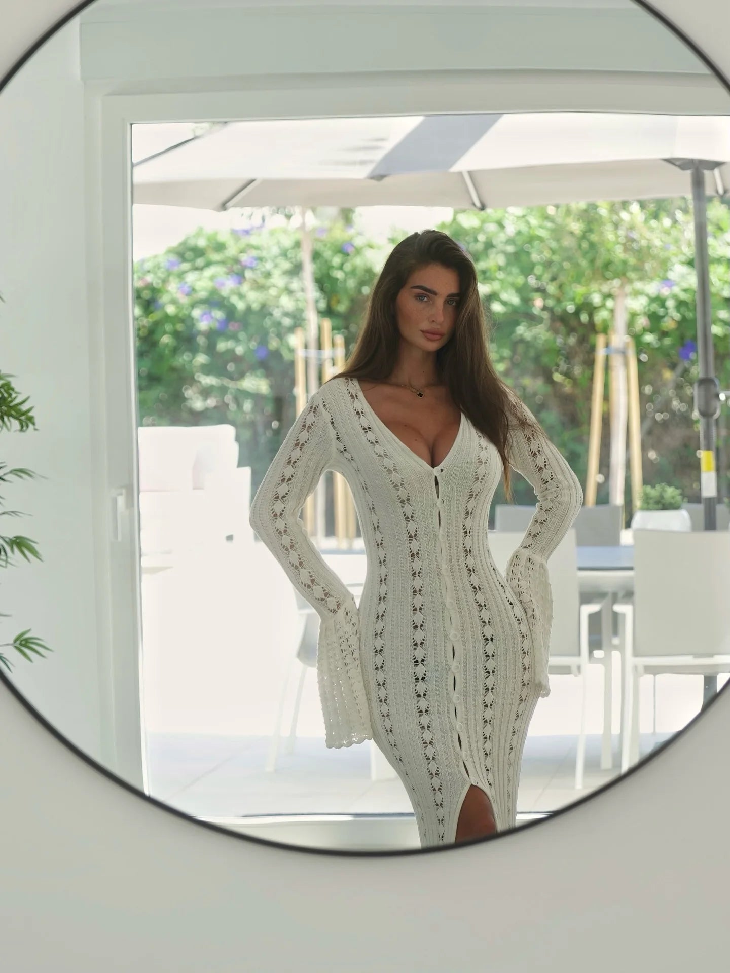 Women's Hollow Out Sweater Summer Cover Up Elegant Slim Split Maxi Beach Dress