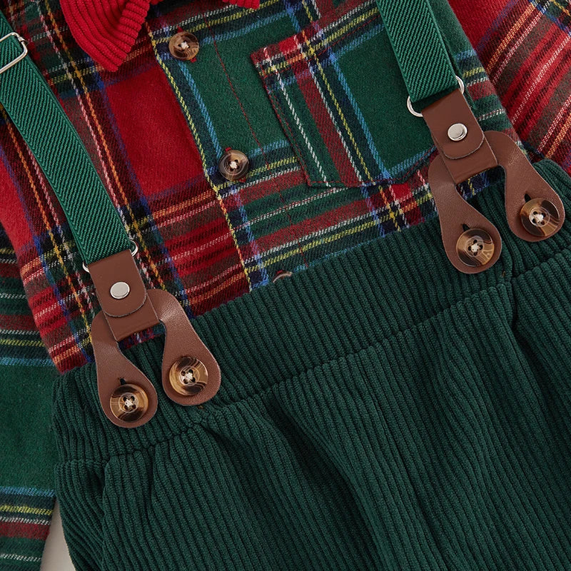 1-7Y Toddler Kids Boys Gentleman Clothes Sets Christmas Plaid Print Button Long Sleeves Shirt and Suspender Pants