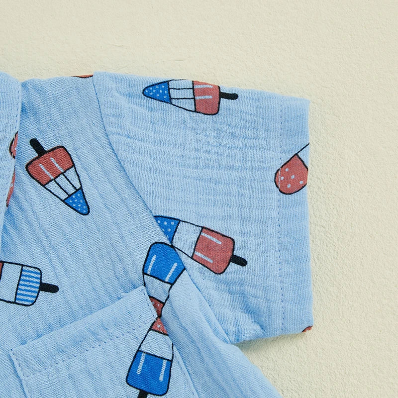 0-4Y Kids Boys American Flag Colours Print Clothes Sets Ice Cream Print Lapel Button Down Short Sleeve Shirt with Shorts
