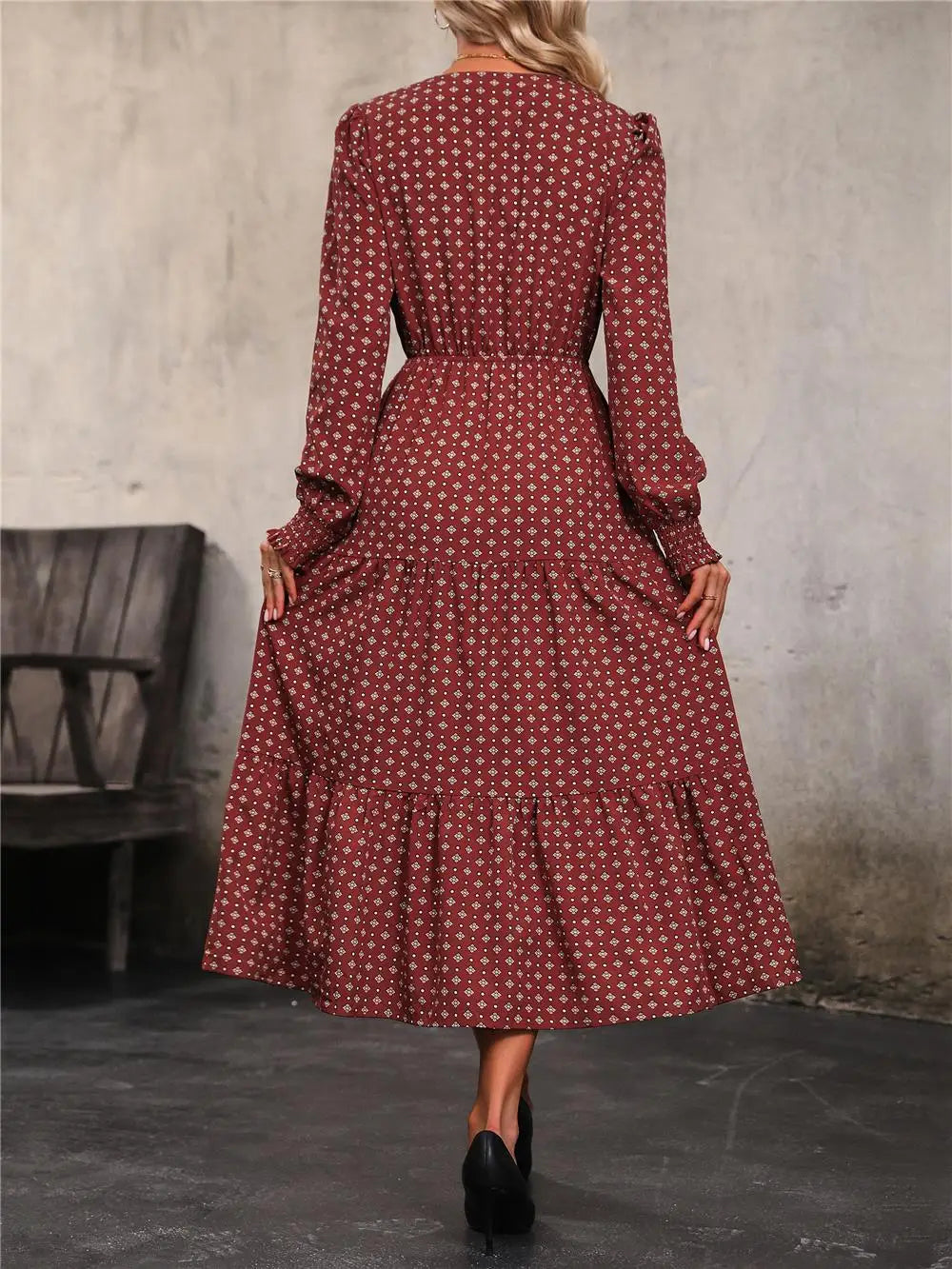 Women's Autumn Winter Long Sleeve Print V-neck Chiffon A-Line Knee Length High Waist Dress