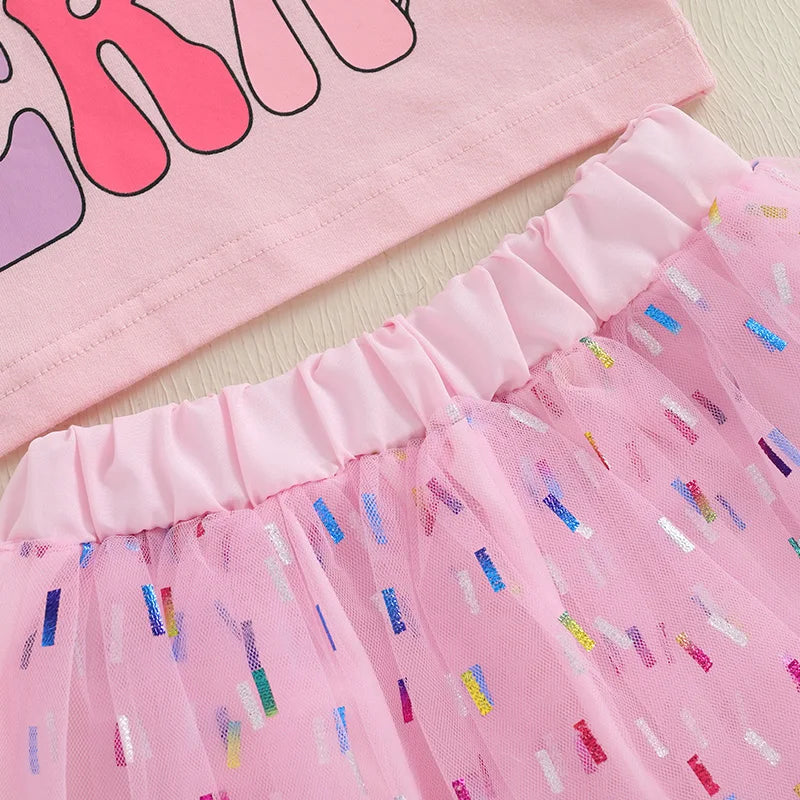 Baby Girls Birthday Clothes Sets 0-18M Short Sleeve Crown Letter Print Tops + Lace Tutu Skirt