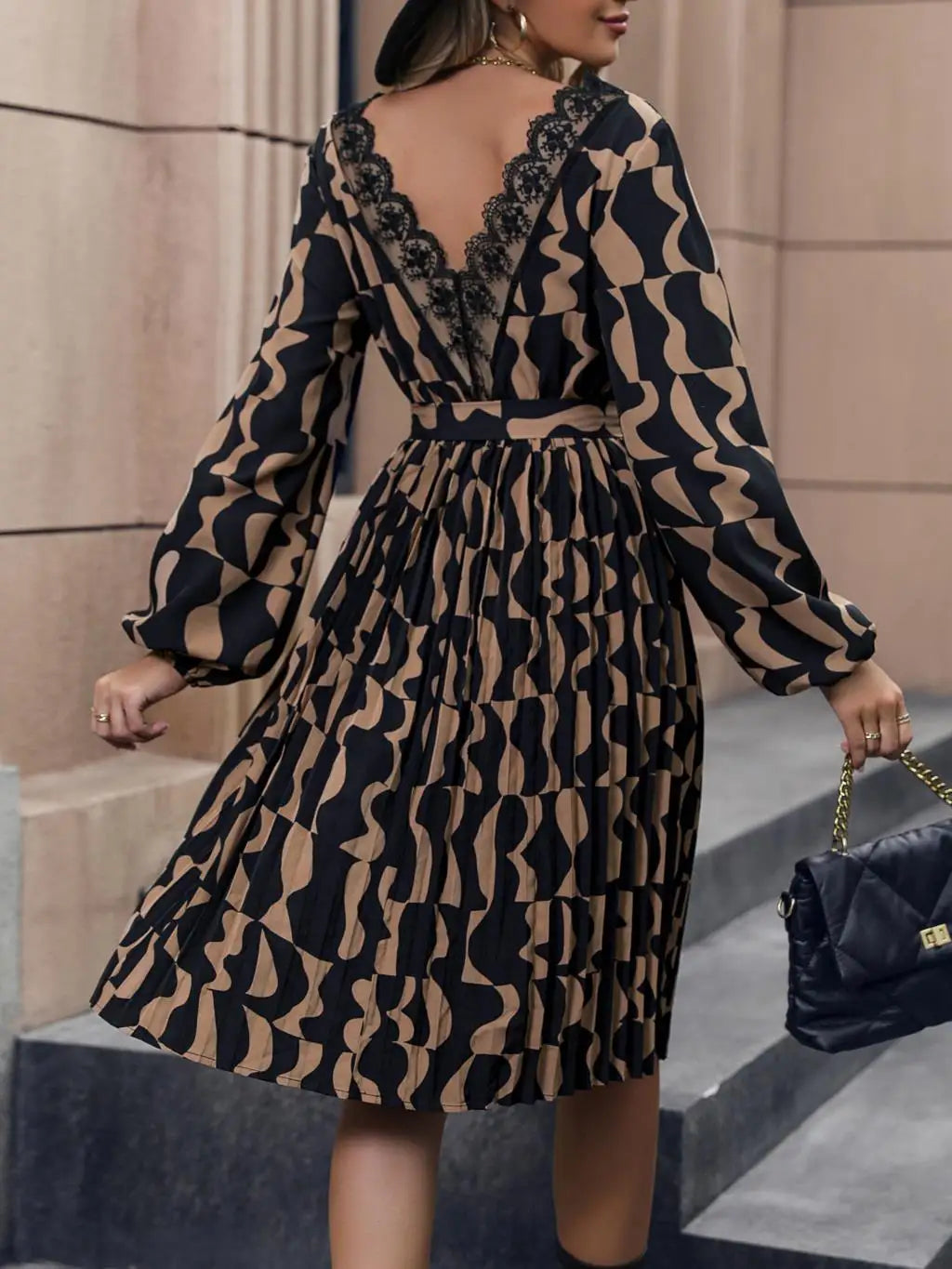 Women's Autumn Winter Long Sleeve Print Elegant V-neck Casual A-Line Knee-Length High Waist Dress