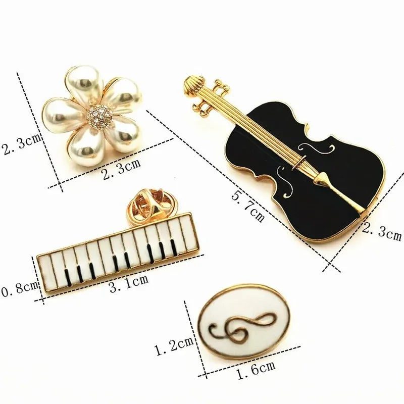 Music Notation Enamel Brooch - Violin Guitar Piano Beaded Flower Pin