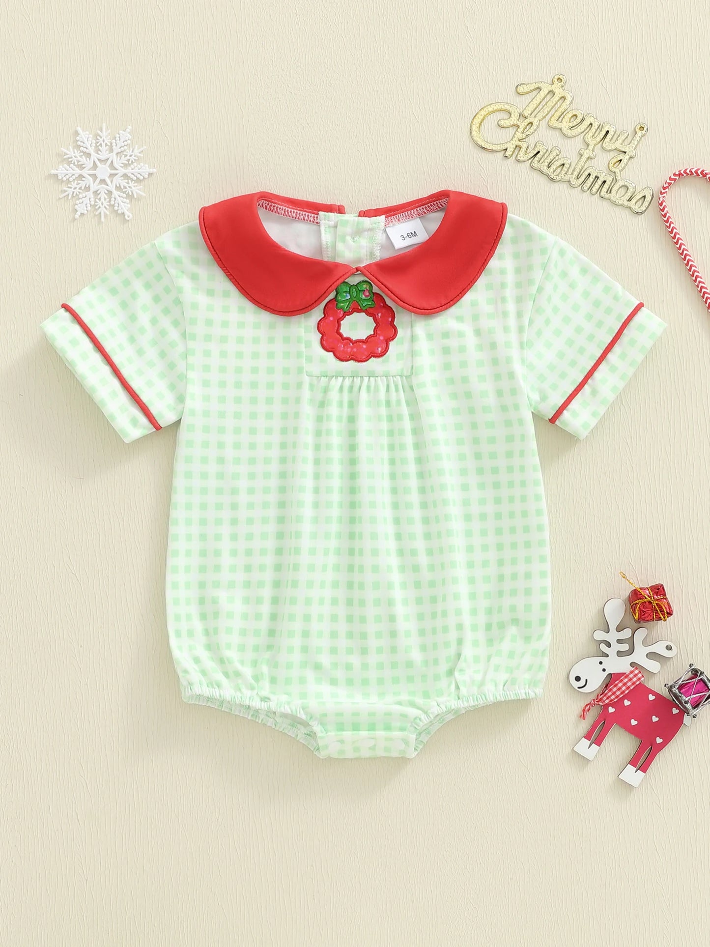 Baby Girls Plaid Romper - Wreath Embroidery Short Sleeve Doll Collar Bubble Jumpsuit