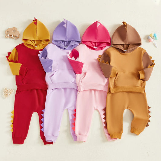 Toddler Dinosaur Hooded Outfit Set - Contrast Color Long Sleeve Top & Pants (0-5Y)