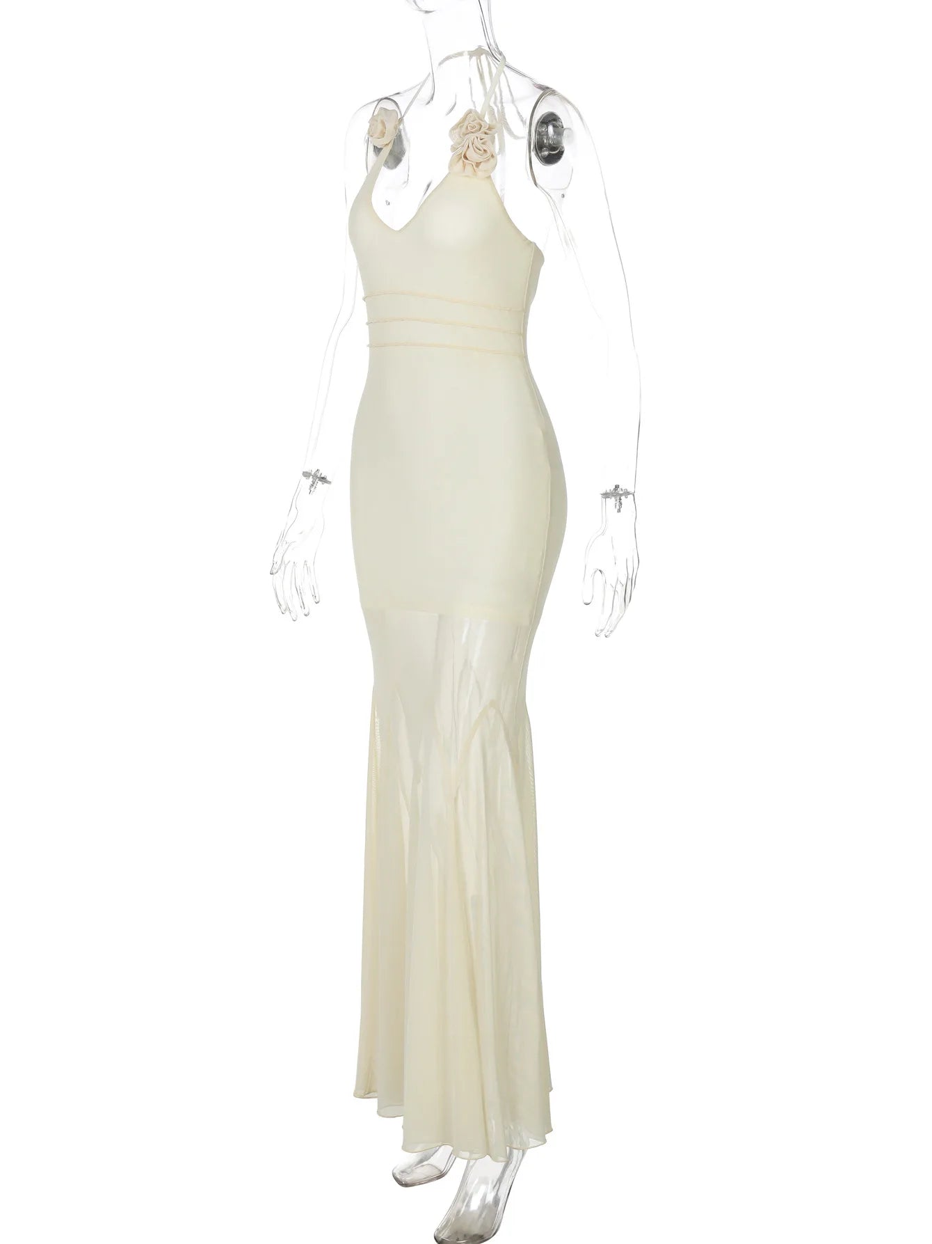 Women's Floral Applique Maxi Summer Halter Neck Plunge Backless Mesh Sheer Dress