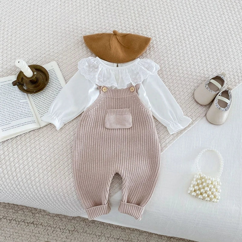 0-3Y Baby Boys Girls Overalls Jumpsuits Sleeveless Front Pocket Solid Colour Knitted Romper Outfit