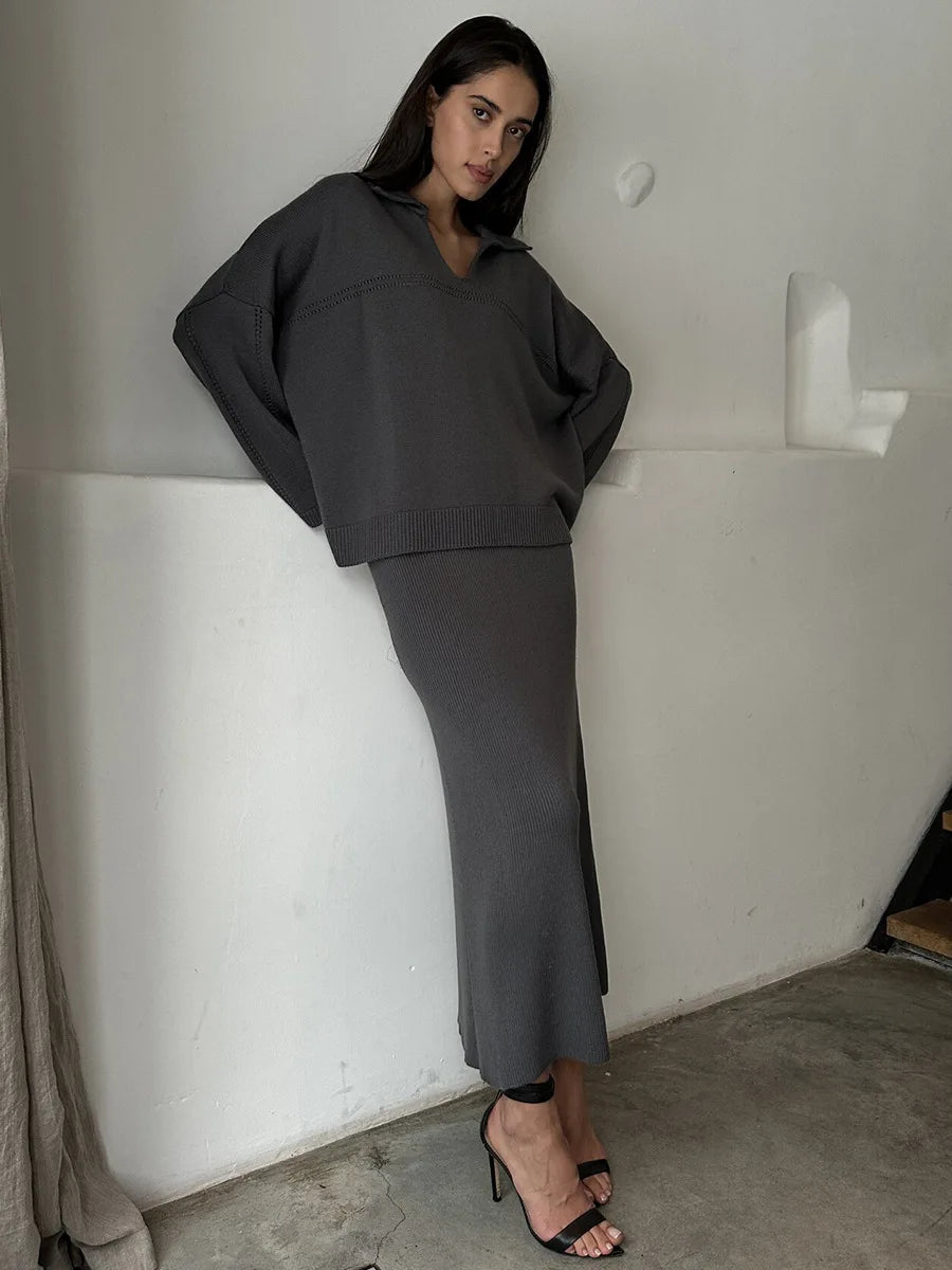 Women's Loose Sweater V-Neck Knit Pullover Top and Long High Waist Skirt 2 Piece Set