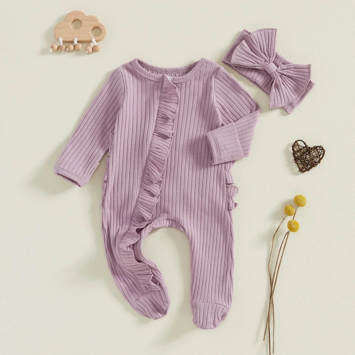 Newborn Baby Romper Set - Solid Ribbed Ruffle Trim Zipper Footed Jumpsuit & Bow Headband