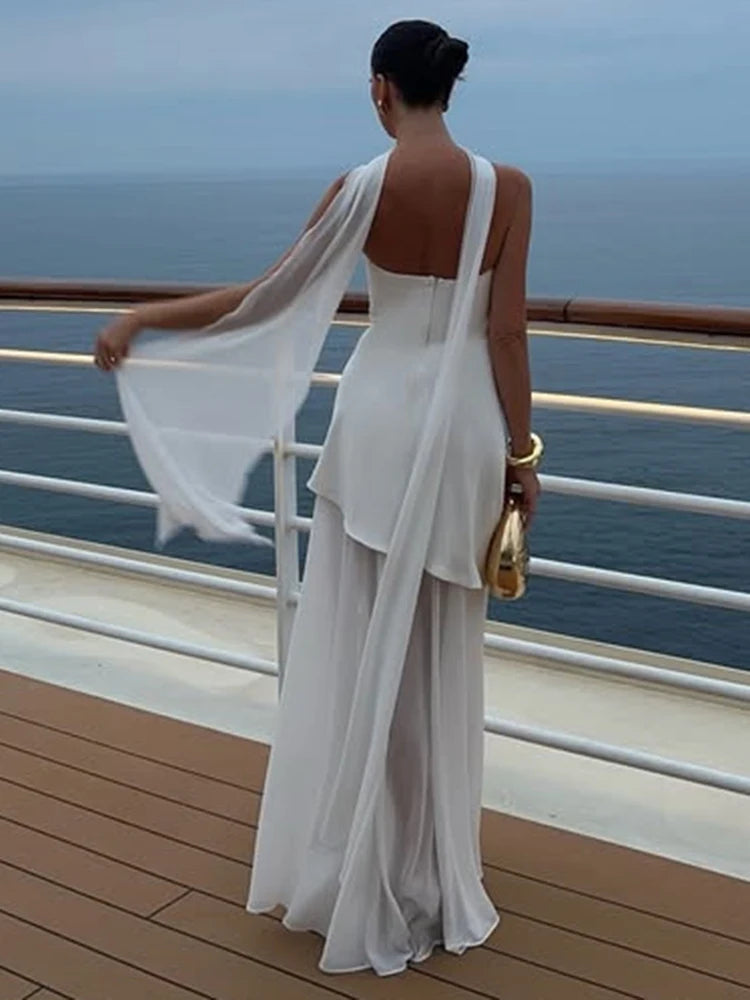 Women's Elegant Strapless Maxi Gown With Scarf Off-shoulder Sleeveless Backless Split Beach Long Dress