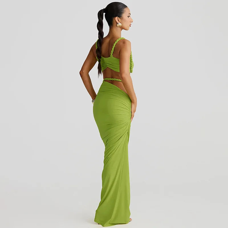 Women's Ruched Bandage 2 Piece Set Backless Decorative Cord Top and Skirt Dress Set