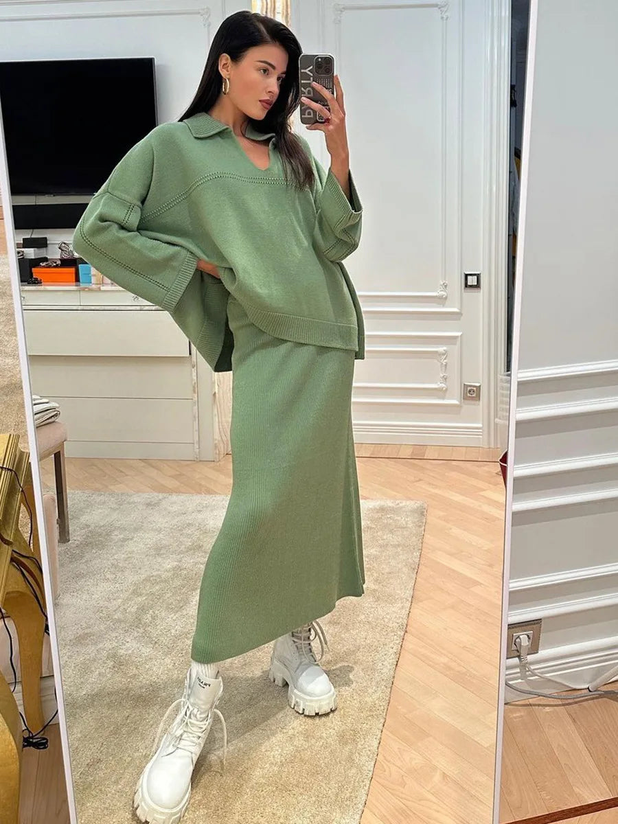 Women's Loose Sweater V-Neck Knit Pullover Top and Long High Waist Skirt 2 Piece Set